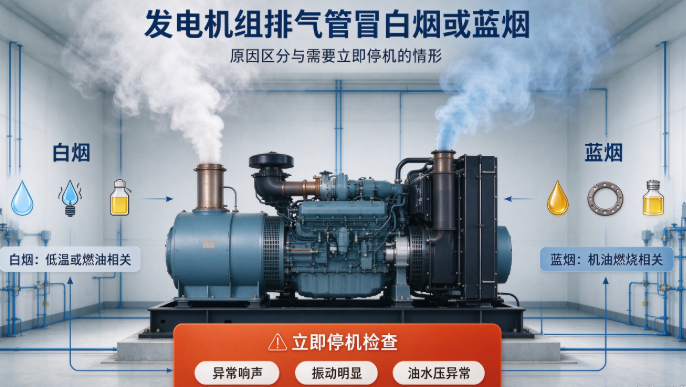 发电机组排气管冒白烟或蓝烟：原因区分与需要立即停机的情形