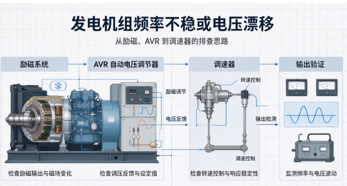 发电机组频率不稳或电压漂移：从励磁、AVR 到调速器的排查思路