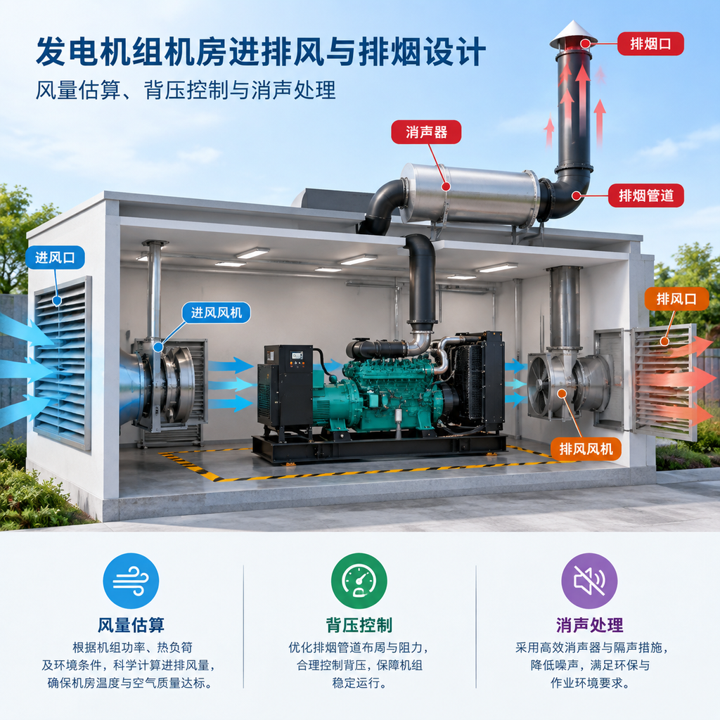 发电机组机房进排风与排烟设计：风量估算、背压控制与消声处理