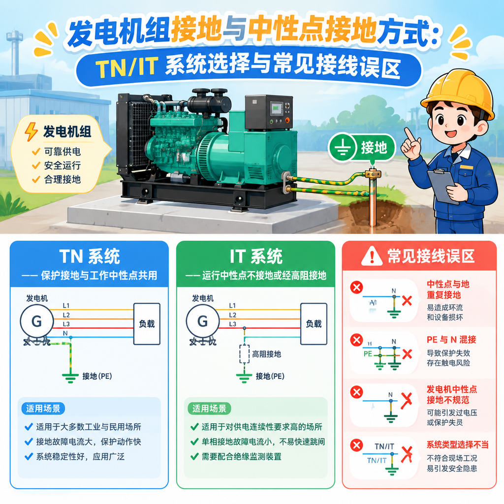 发电机组接地与中性点接地方式：TN/IT 系统选择与常见接线误区