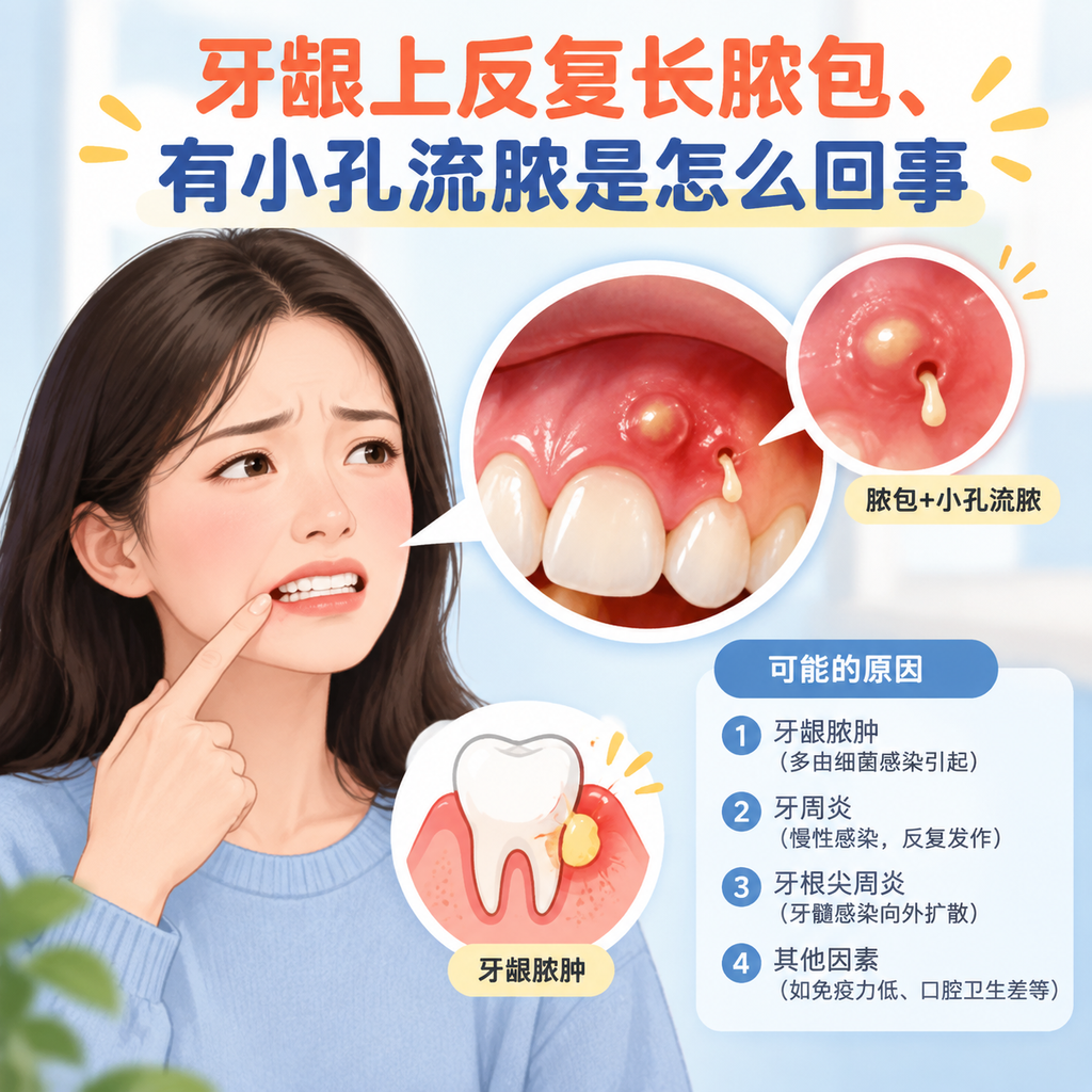 牙龈上反复长脓包、有小孔流脓是怎么回事