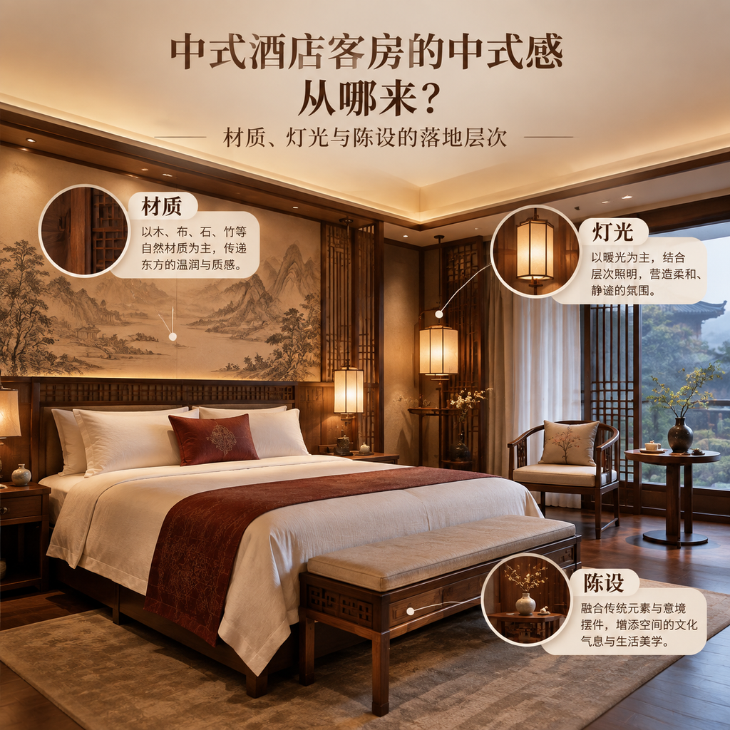 中式酒店客房的中式感从哪来：材质、灯光与陈设的落地层次
