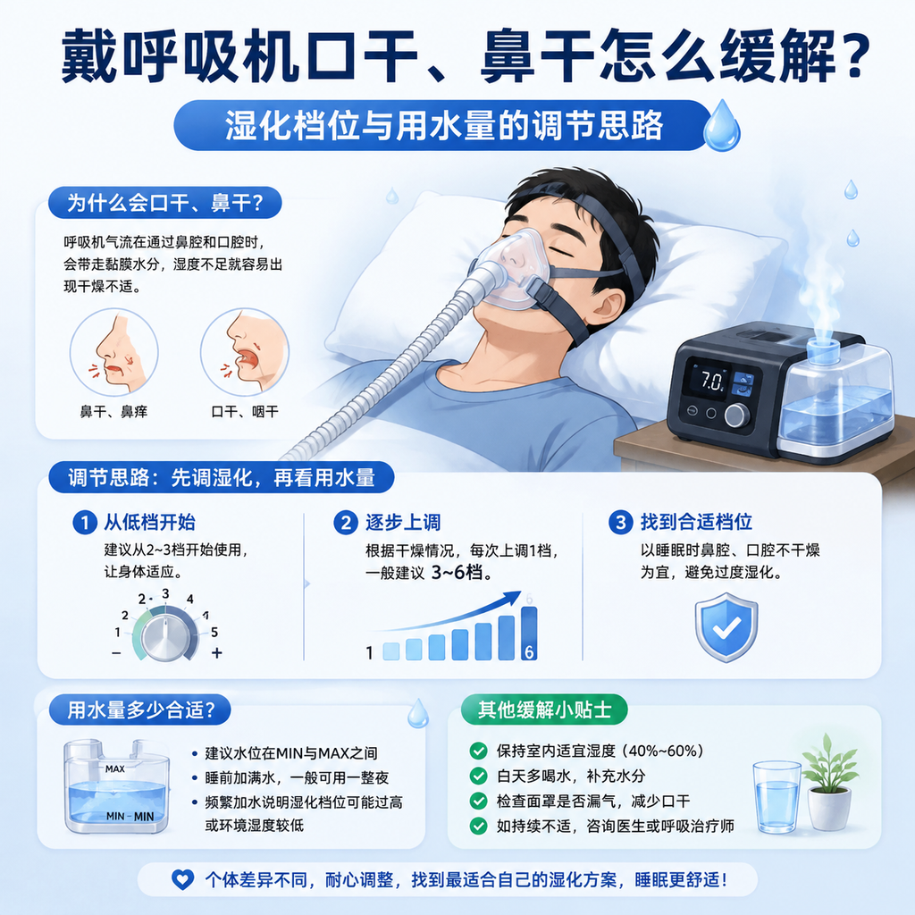 戴呼吸机口干、鼻干怎么缓解？湿化档位与用水量的调节思路