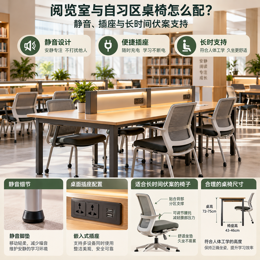 阅览室与自习区桌椅怎么配？静音、插座与长时间伏案支持