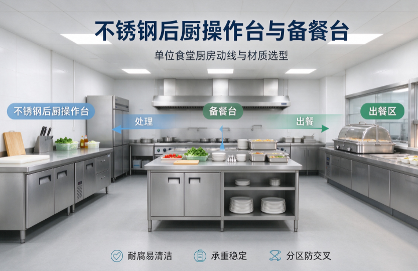 不锈钢后厨操作台与备餐台：单位食堂厨房动线与材质选型