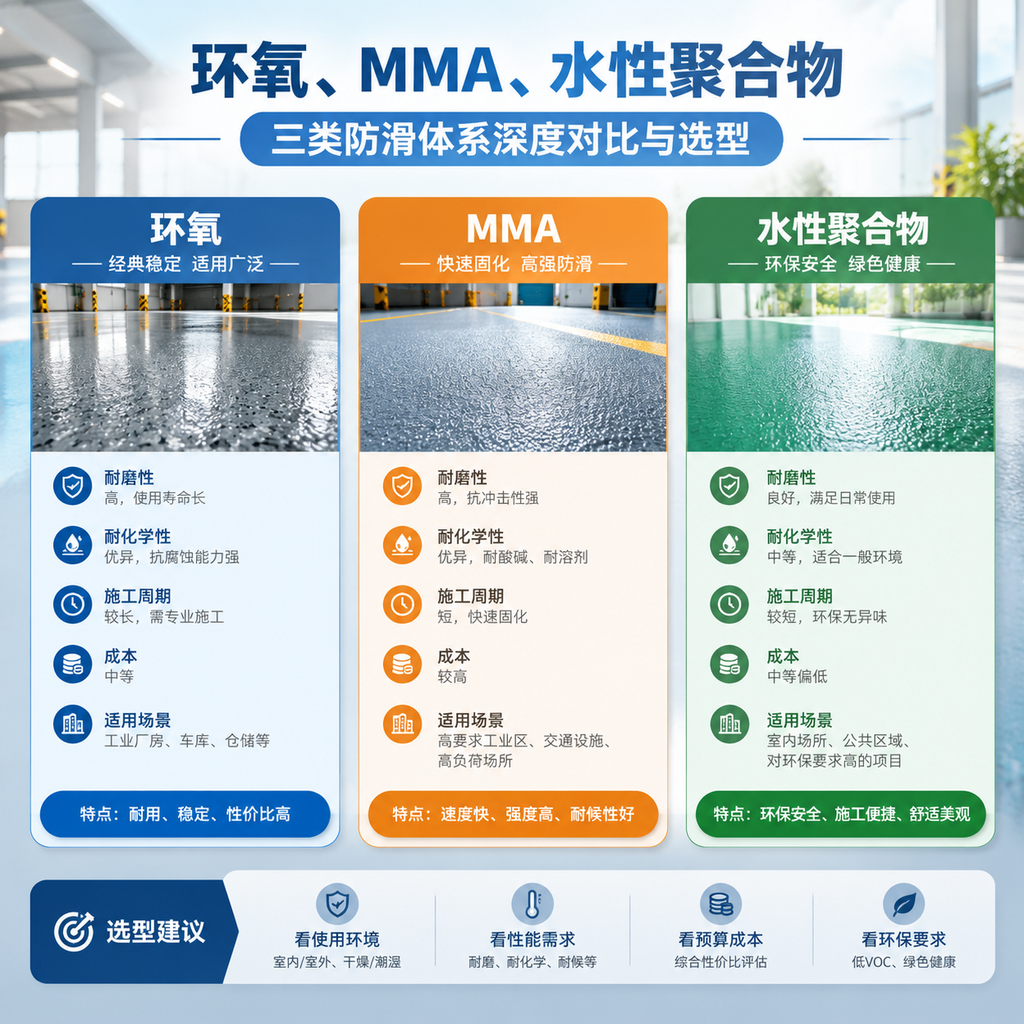 环氧、MMA、水性聚合物三类防滑体系深度对比与选型
