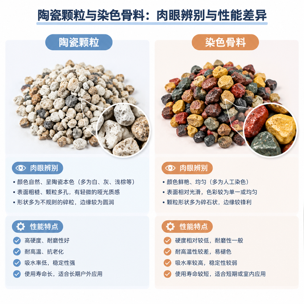 陶瓷颗粒与染色骨料：肉眼辨别与性能差异