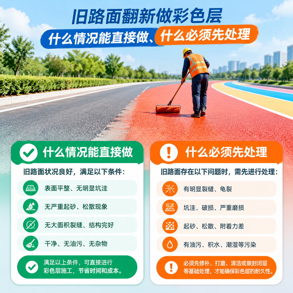 旧路面翻新做彩色层：什么情况能直接做、什么必须先处理