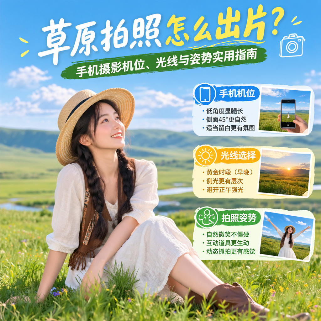 草原拍照怎么出片？手机摄影机位、光线与姿势实用指南