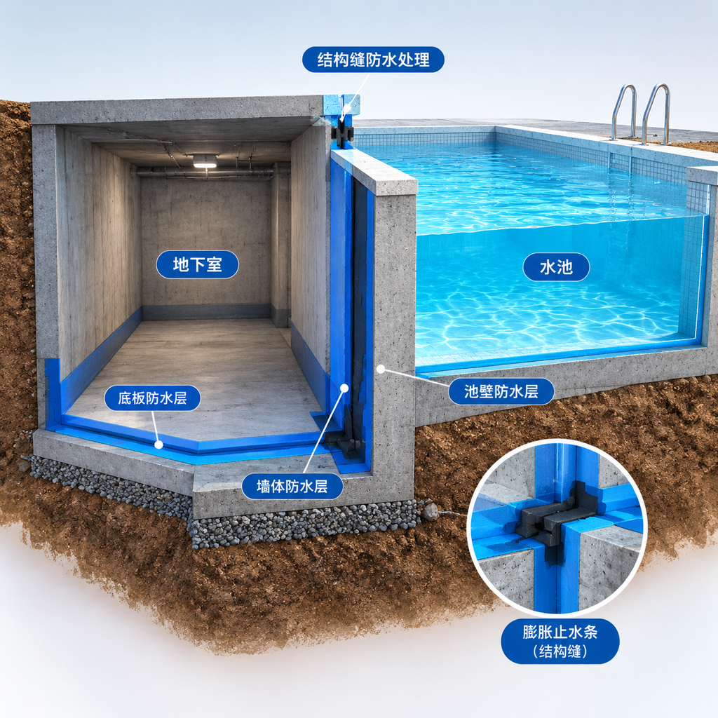 地下室与水池结构切割的防水控制