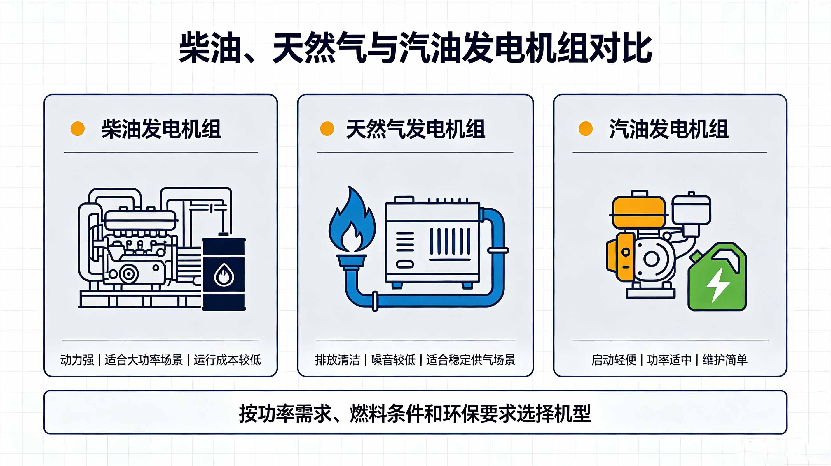 柴油、燃气与汽油发电机组全维度对比：从功率到经济性的五张数据表