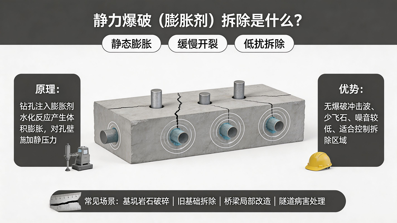 静力爆破（膨胀剂）拆除是什么？适合哪些工程场景