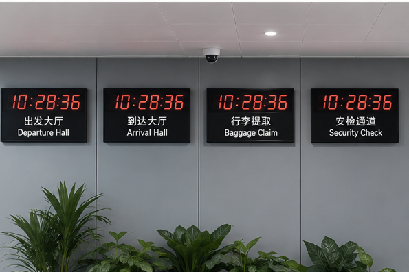 机场航站楼数字子钟统一时间显示示意