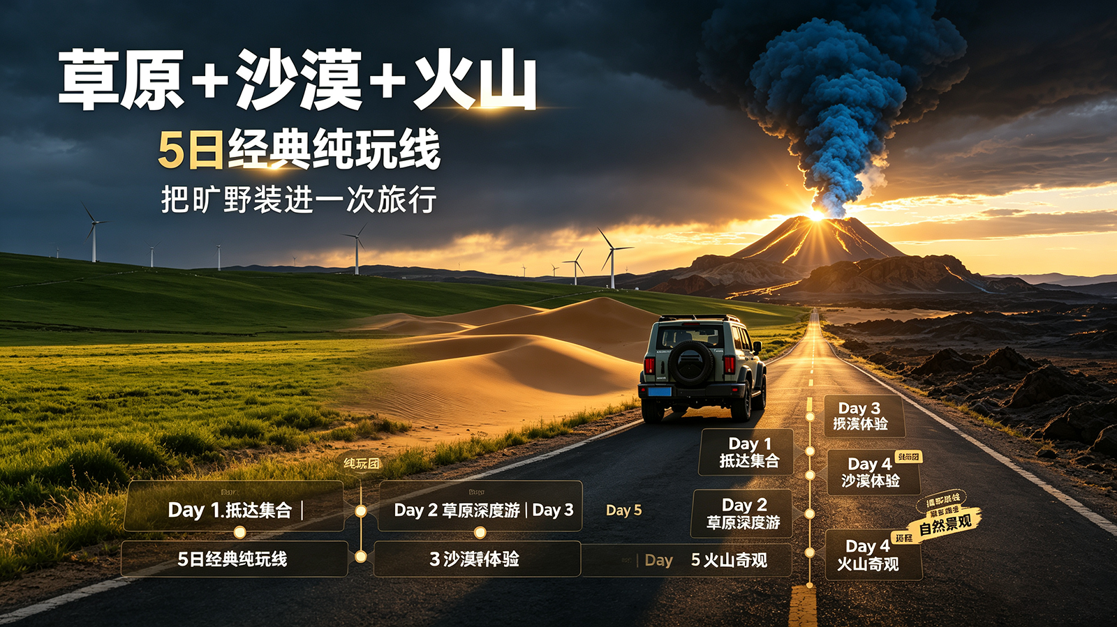 草原 + 沙漠 + 火山 5日经典纯玩线