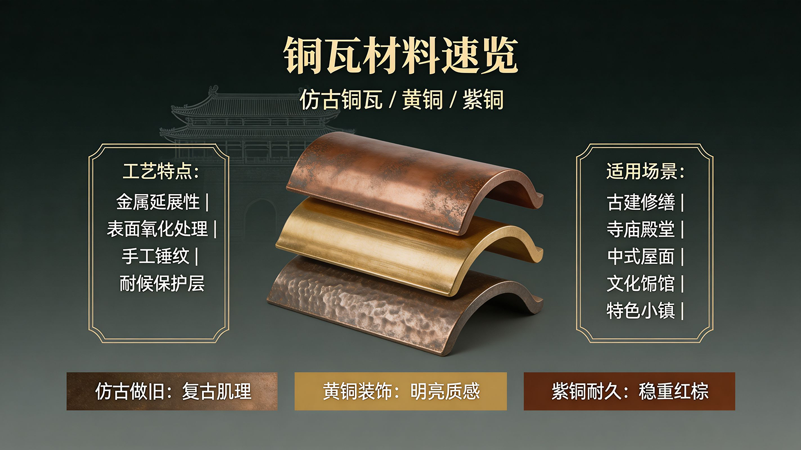 仿古铜瓦黄铜紫铜工艺特点与适用场景