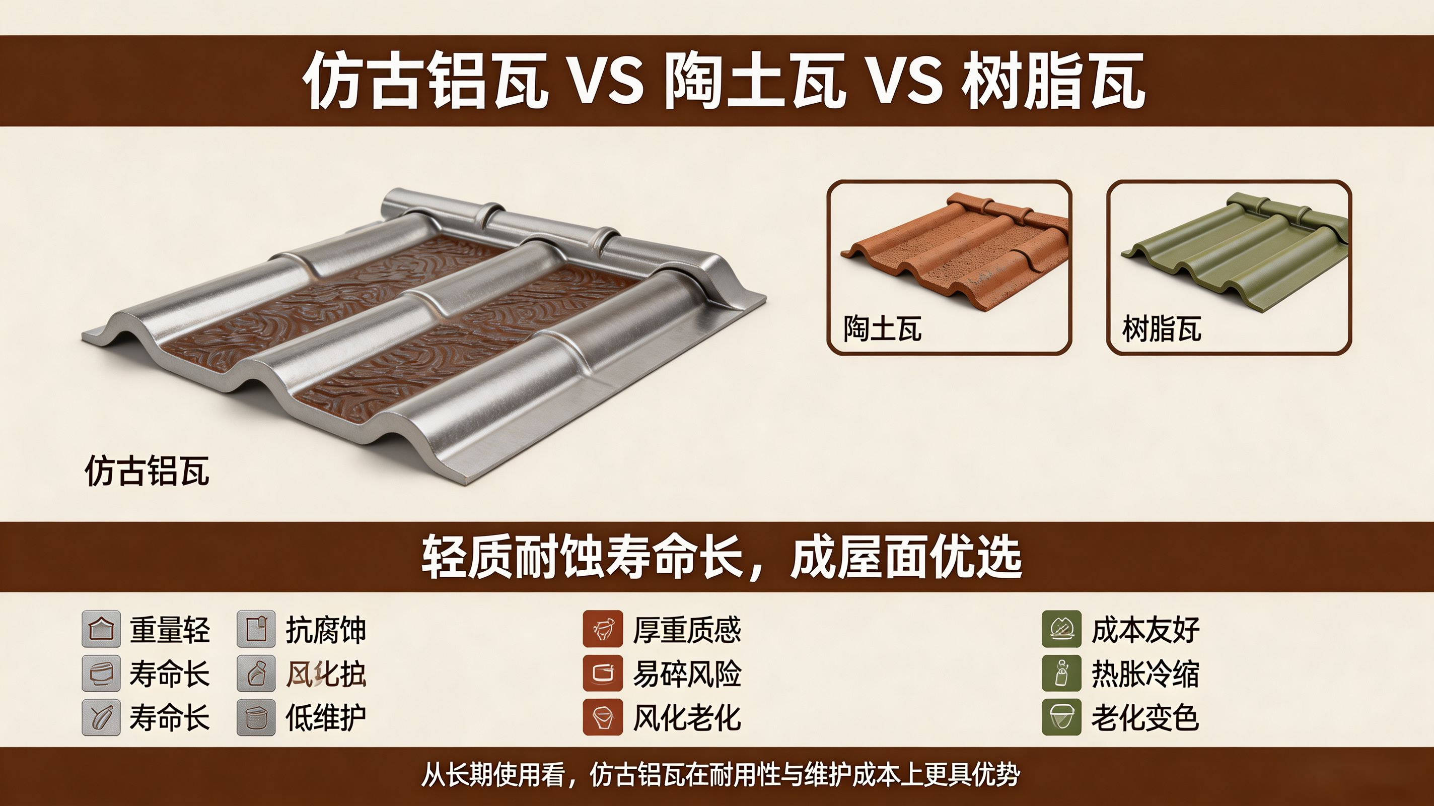 仿古铝瓦对比陶土瓦树脂瓦：轻质耐蚀寿命长成优选