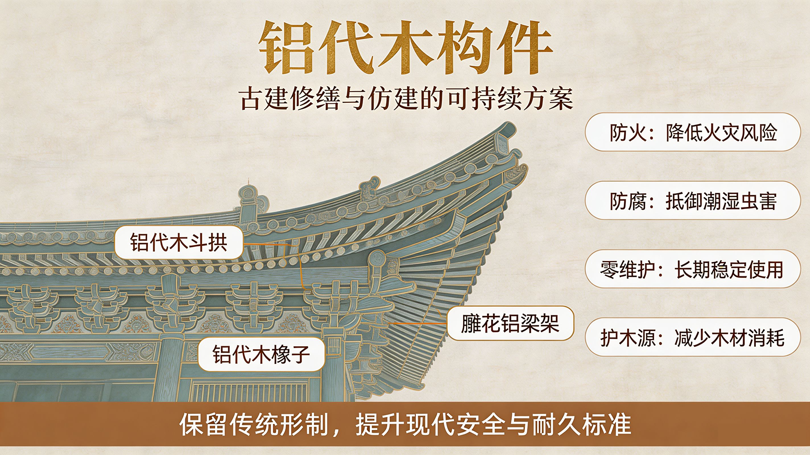 铝代木构件用于古建修缮仿建：防火防腐零维护护木源