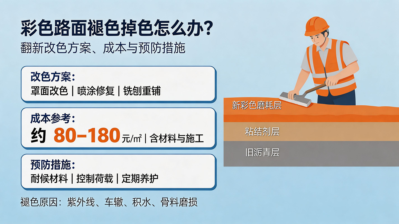 彩色路面褪色掉色怎么办？翻新改色方案、成本与预防措施