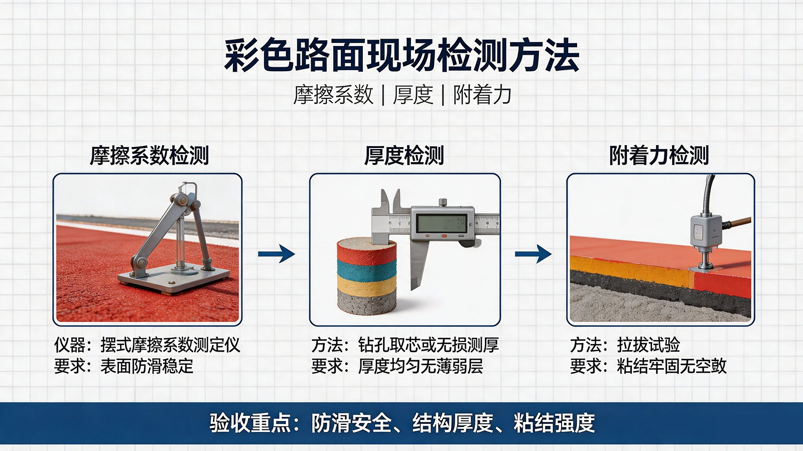 彩色路面工程验收标准与现场检测方法：摩擦系数、厚度、附着力怎么测？