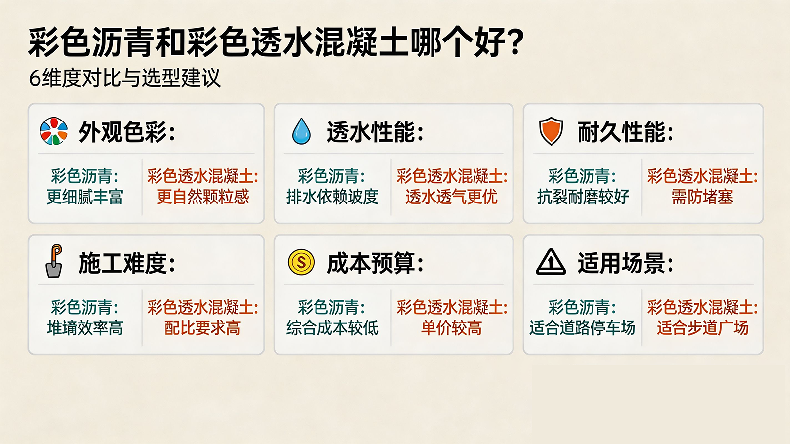彩色沥青和彩色透水混凝土哪个好？6维度对比与选型建议